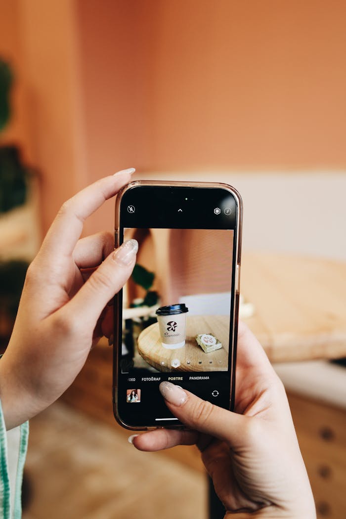 Close-up of woman photographing coffee cup with smartphone indoors.